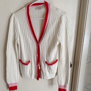 LOFT Women's Cream and Red Ribbed Cardigan